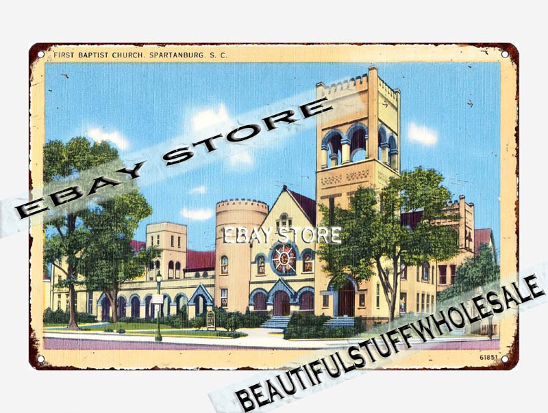 1930-45 First Baptist Church, Spartanburg, South Carolina tin sign