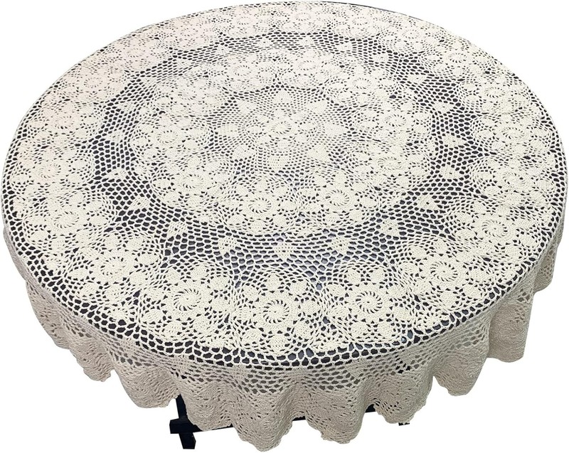 Handmade Crochet Round Tablecloth 60-inch Beige Lace Table Overlays Floral Table
