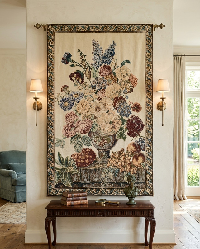 French Pictorial Tapestry Vintage Floral Wall Hanging 2x3 Ft Romantic Garden