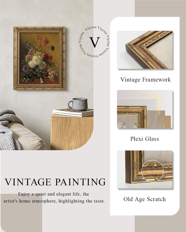 13x16 Inch Glass Gold Framed Wall Art, Vintage Floral Bouquet Canvas Print, C... gallery
