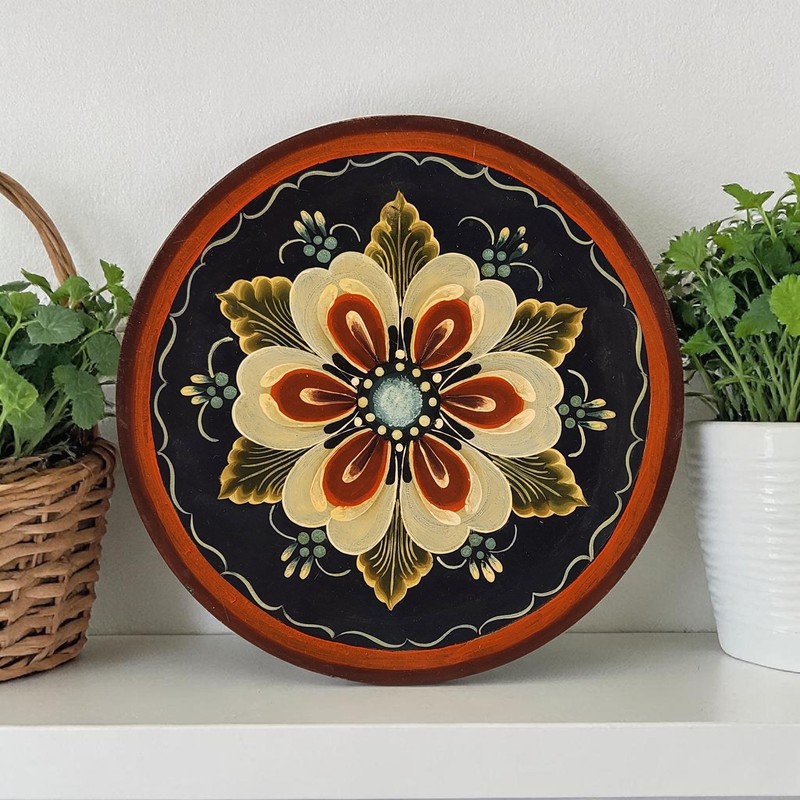 VTG Norwegian Rosemaling Hand Painted Plate Plaque Black Rusty Orange Floral 6″