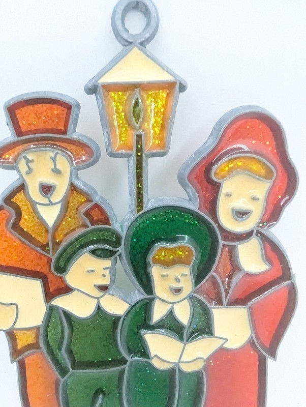 Vtg Carolers Faux Stained Glass Look Plastic 5" Christmas Ornament Suncatcher gallery