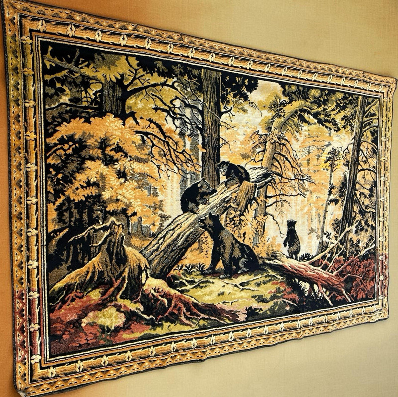 Vintage Italian Tapestry Mama Bear Cubs Forest Wall Hanging 6’3” x 3’11” Rustic