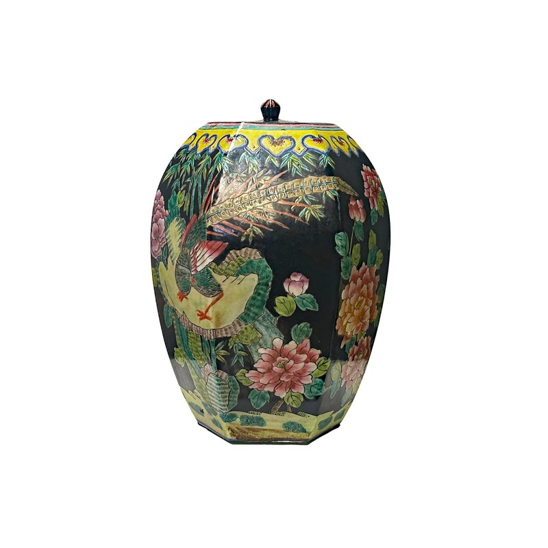 Oriental Vintage Black Base Color Flower Bird Hexagonal Porcelain Jar ws4162