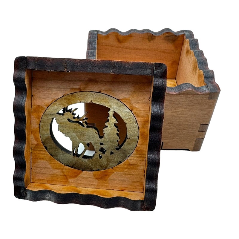 Moose Elk Wood You Tell Me Tree Cherry Carved Box Made in America 2010 Handcraft gallery