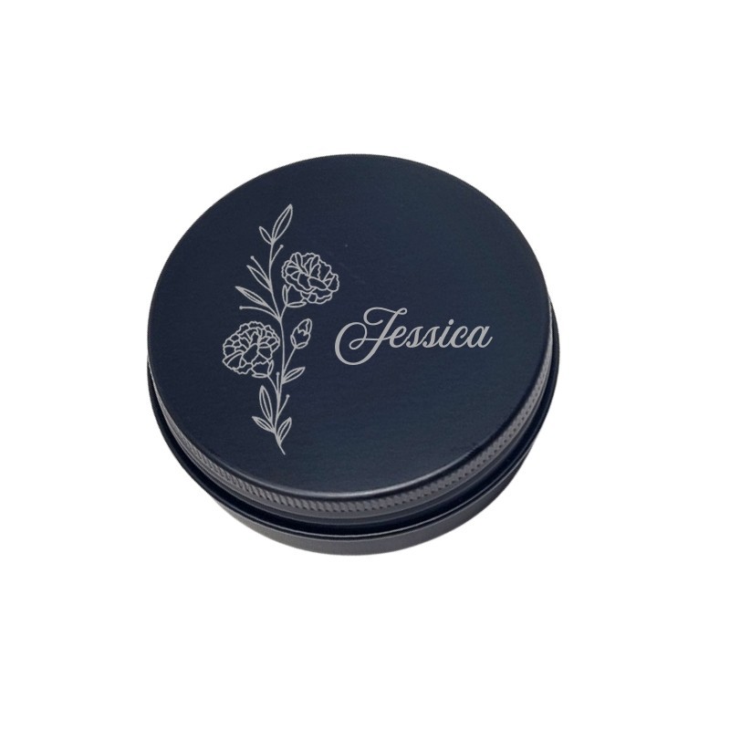 Personalized Engraved Birth Month Flower Design Black Round Storage Tin Jar 2oz