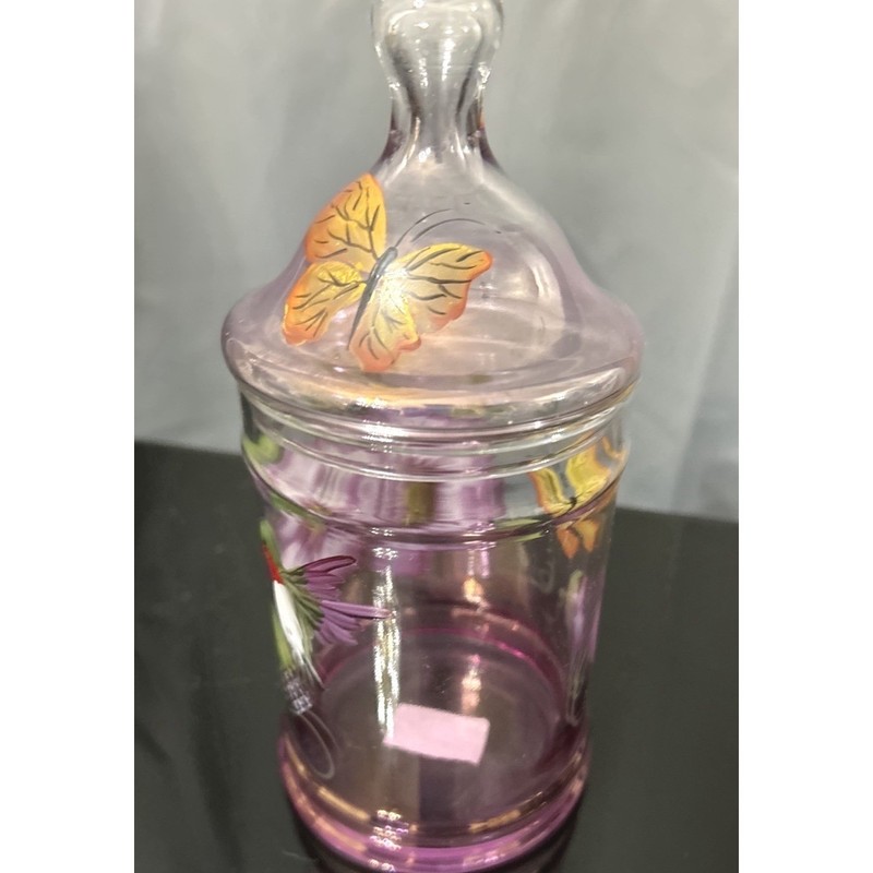 Tamarack WV Glass Hand Painted Hummingbird Fuscia Purple Apothecary Jar Lid Sign gallery