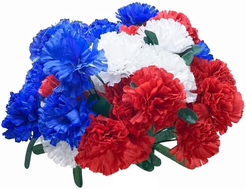 6 Patriotic Artificial Carnations Bushes. 42 Heads/Stems. Red White and Blue Flo gallery