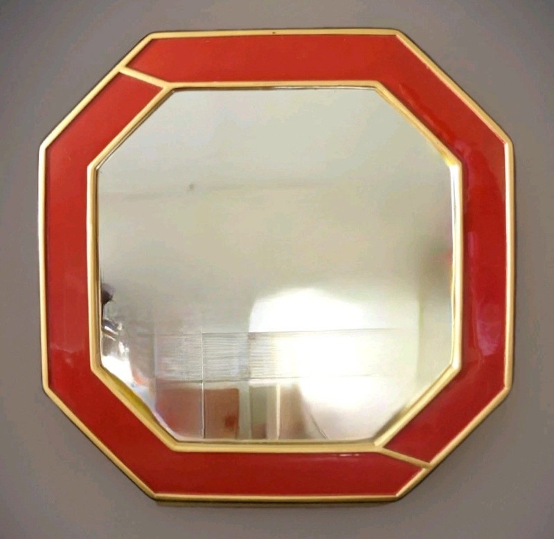 Nate Burkus La Rouse Designer Red Enamel Goldtone Octagon Wall Mirror