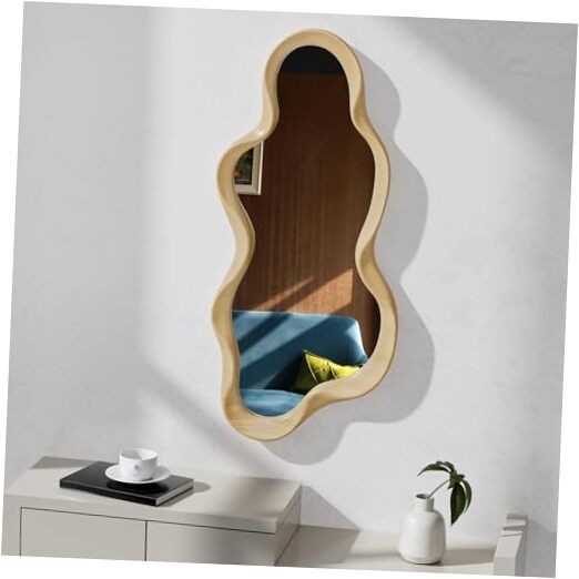Irregular Wall Mirror, Wooden Framed Wall Asymmetrical Wavy 30″L x 14″W Natural