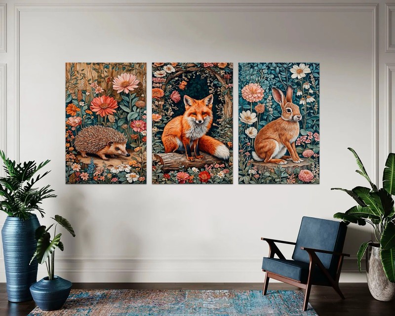 William Morris Canvas Prints, Set of 3 Fox - Rabbit - Hedgehog Canvas Wall art gallery