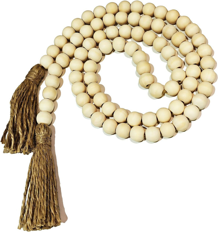 Farmhouse Beads, 59In Wood Bead Garland with Tassels, Bookshelf Decor for Tiered