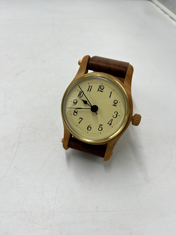 Handmade wooden clock shaped like a watch 7 1/2 inches x 4 inches x 3 1/2 inches