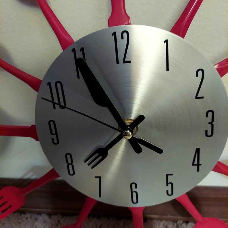 Retro Styled Red Metal Kitchen Utensils Clock - Silver Face Black 1 to 12 gallery