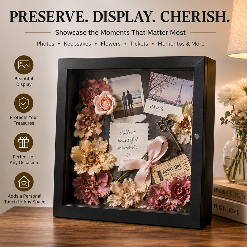 Shadow Box Frame Display Case 2-inch Depth 6 Pins for 8x8 Collage Memento Black gallery
