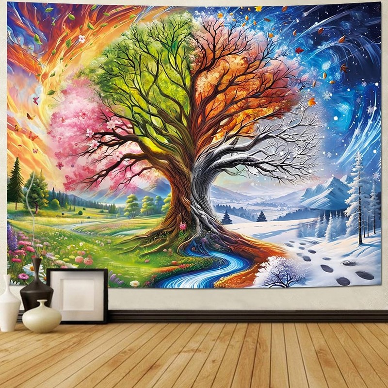 Colorful Tree of Life Tapestry Four Seasons Trees Tapestrie Spring Flower Green
