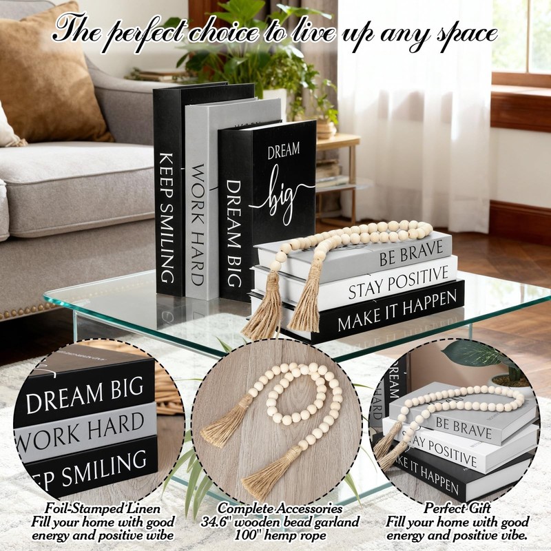 6 Aesthetic Decorative Books Set with Tassel Wood Bead Motivational Table Dec... gallery