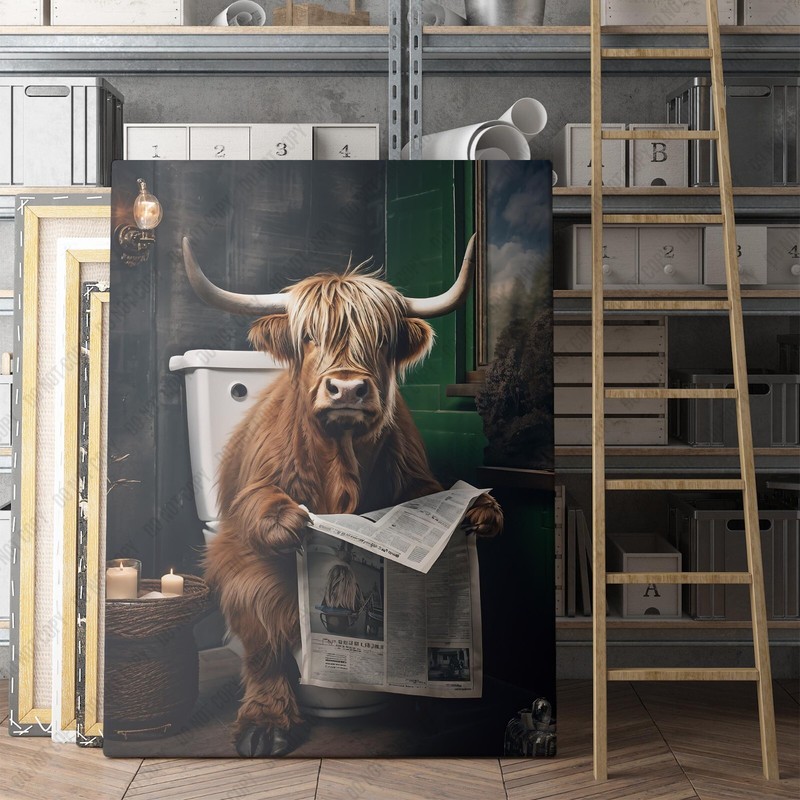Highland Cow Reading Newspaper On Toilet Funny Bathroom Canvas Wall Art Print