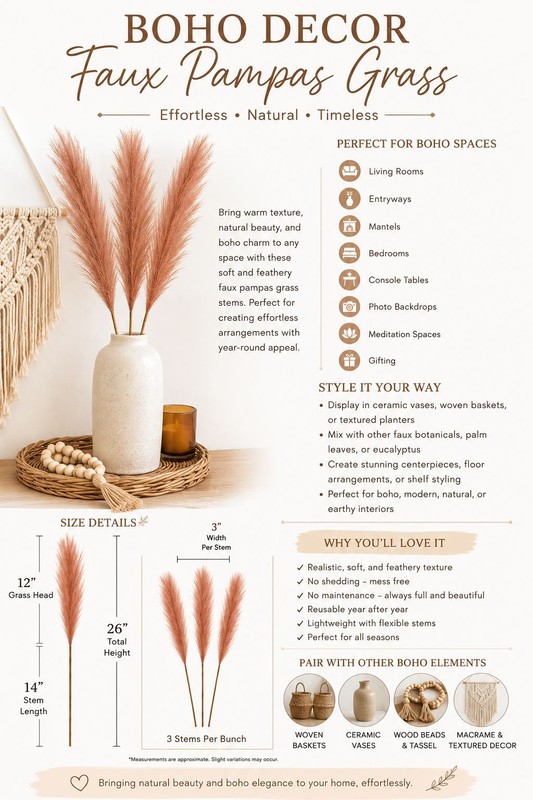 Faux Pampas Grass Bundle | 3 Chestnut Brown Pampas Stems | 26 Inch Tall Artifici gallery