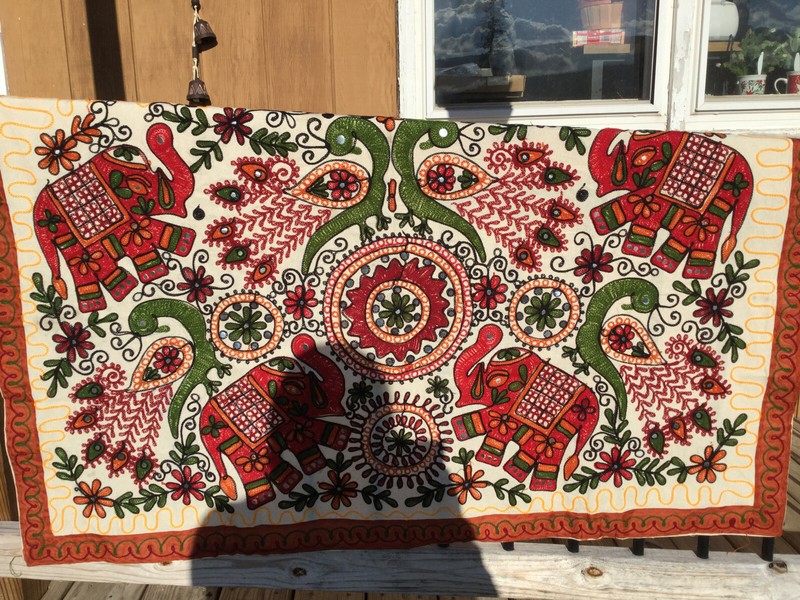 Indian Mirror Floral Embroidered Elephant And Peacock Tapestry