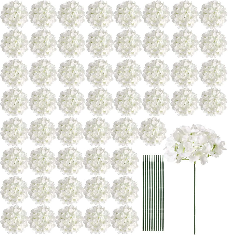 64 PCS Artificial Hydrangea Flowers, Silk Hydrangea Full Flowers Heads with Stem