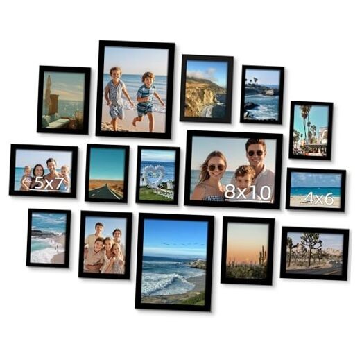 15 Pack Real Glass Picture Frames Collage 3pcs 8×10, 6pcs 5×7, 6pcs 4×6 Black