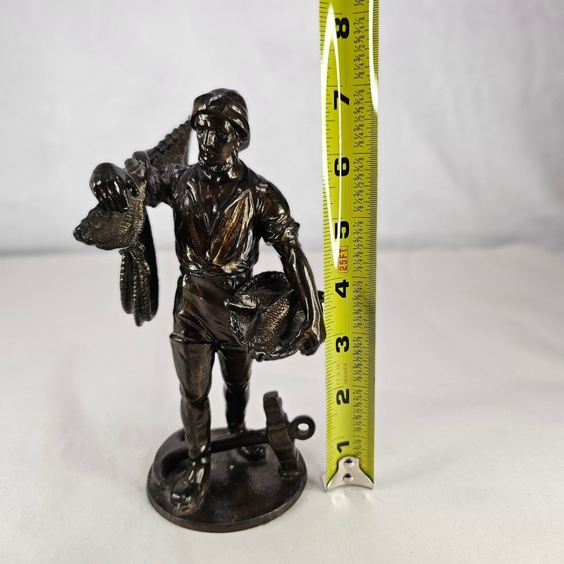 Vintage Bronze Fisherman Statue with Fish and Duck on Anchor Base gallery