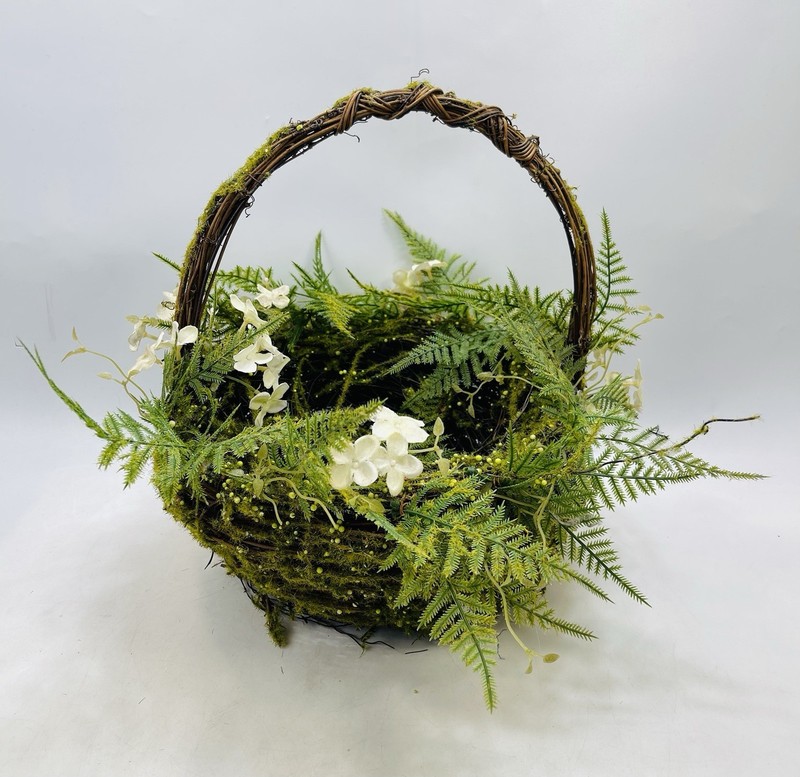 GrapeVine Moss Basket Green Fern Flowers Vines Twig Birds Nest Easter Spring 12" gallery