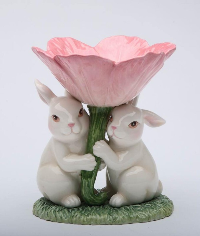 Ceramic Easter Bunny Rabbits with Pink Flower Candle Holder, Gift for Her, Gift gallery