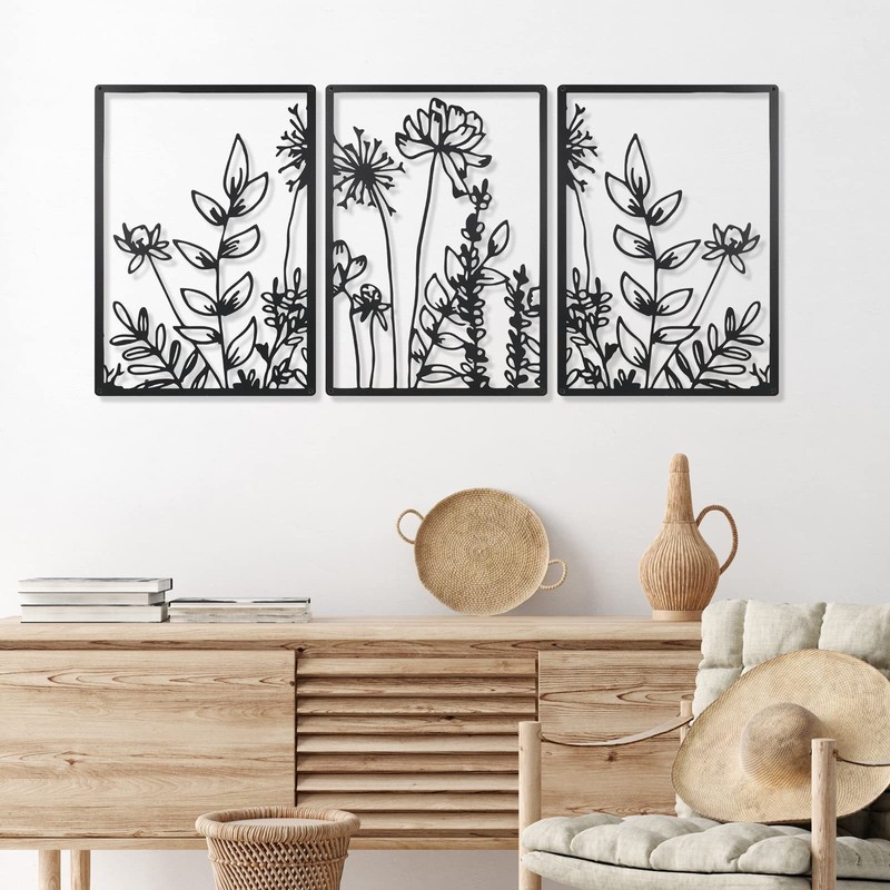 3Pcs Black Metal Floral Wall Art Minimalist Sculpture 16.5×11.8″ Cute Style
