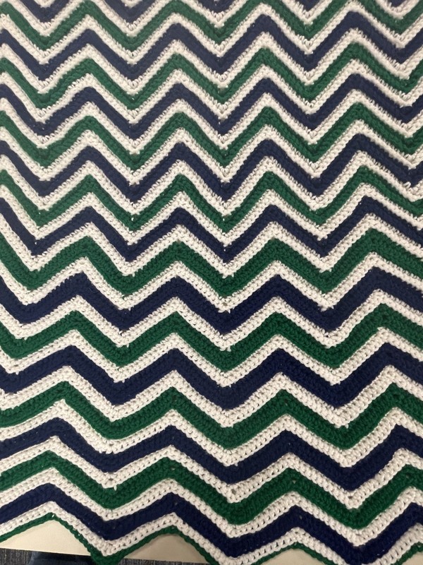 Handmade Crochet Afghan Throw Zig Zag Pattern 36"X36" Green Blue White gallery