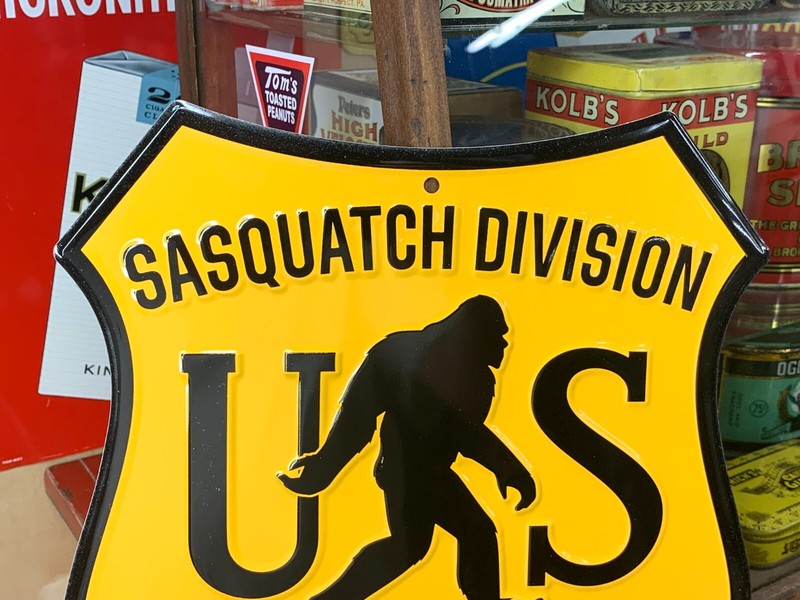 "SASQUATCH DIVISION U.S. DEPT OF AGRICULTURE" METAL SIGN, (11"x 11") EXC COND gallery