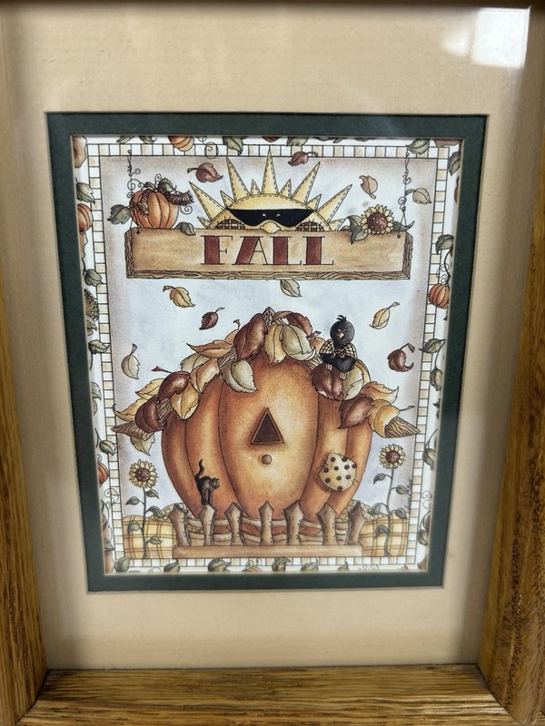 VTG Oak Framed Fall Wall Art Pumpkins Crow Black Cat Whimsical Cottagecore 10"x7 gallery