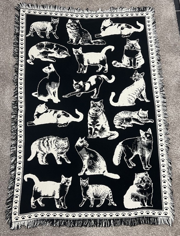 Rare Vintage 90’s Black White Cat Tapestry Cotton Blanket with Fringe Size 43×63