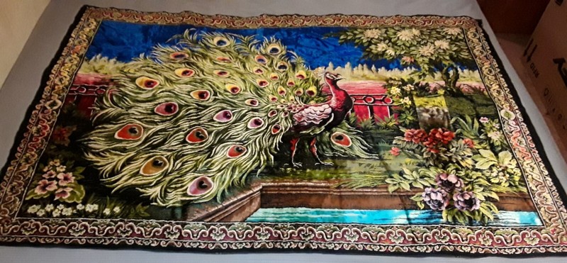 Huge 72″ × 49″ Vtg P.T.C. Peacock Landscape Wall Tapestry Made In Lebanon