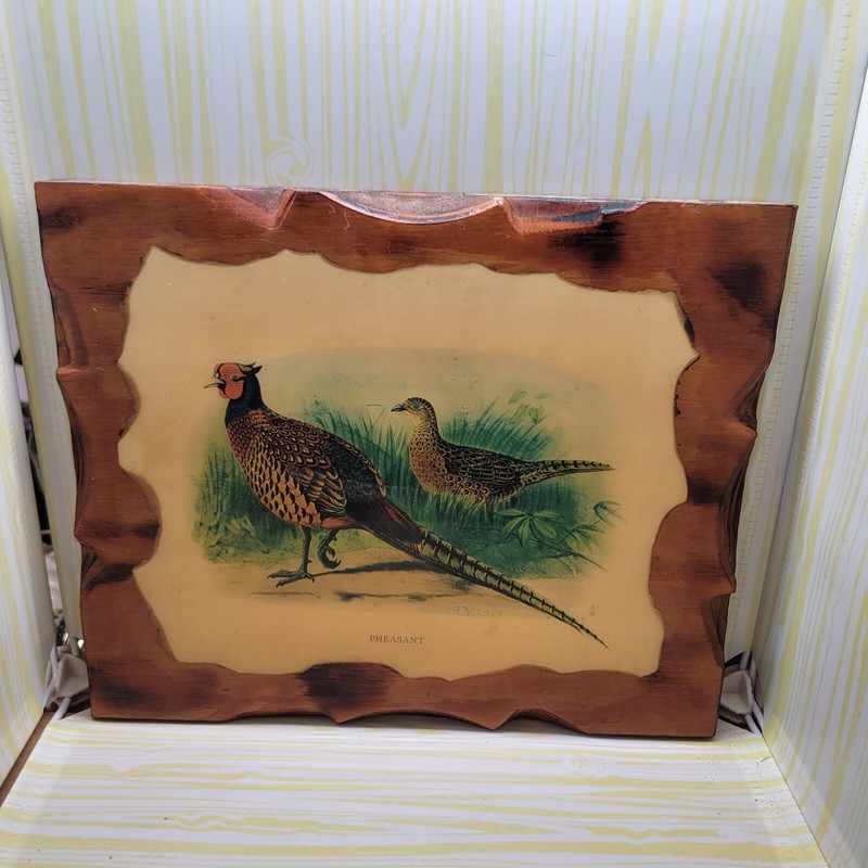 Vintage Wood Plague Wall Hanging Art Lacquered 10″x12″ Pheasant, male & female.