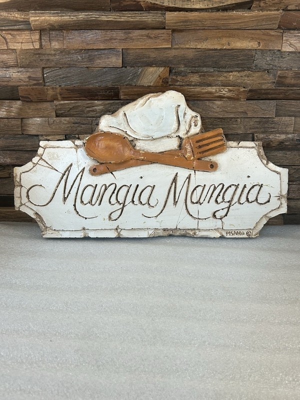 Al Pisano Mangia Mangia Fork Spoon Chef Hat Wall Sign for Kitchen Dining Room