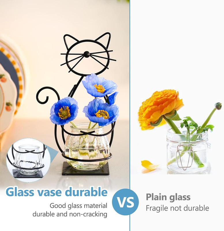 Desktop Glass Planter Vase Holder, Metal Cat Plant Terrarium Stand for Plants Cr gallery