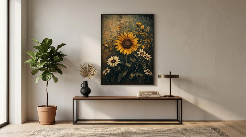Vintage Sunflower Wall Art Rustic Floral Print Poster Dark Moody Decor gallery