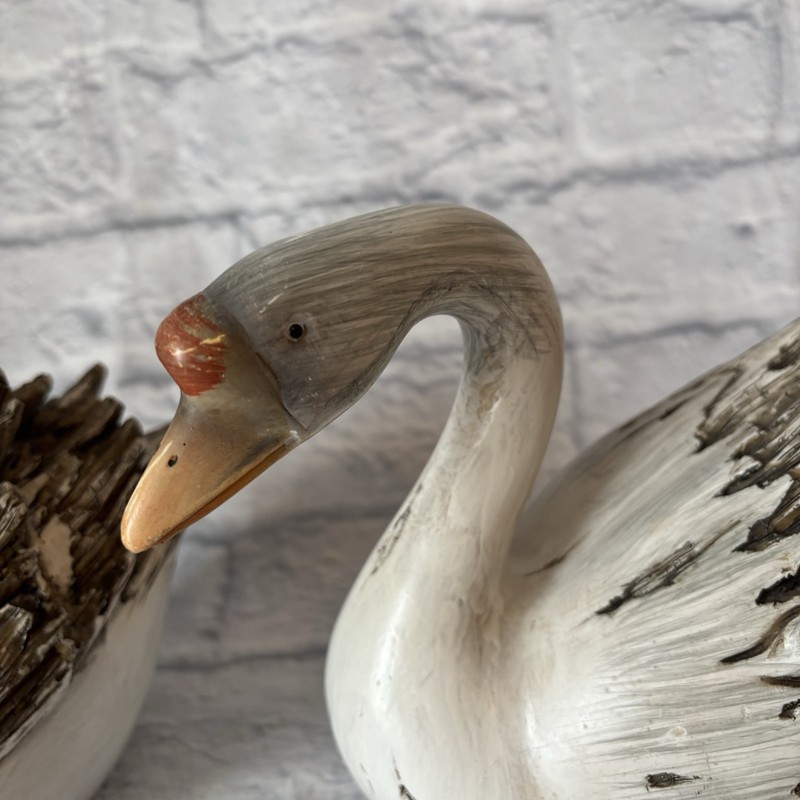 Lot of 2 Swan Decoy Primitive Woodland Cabin Decor Faux Wood Resin gallery