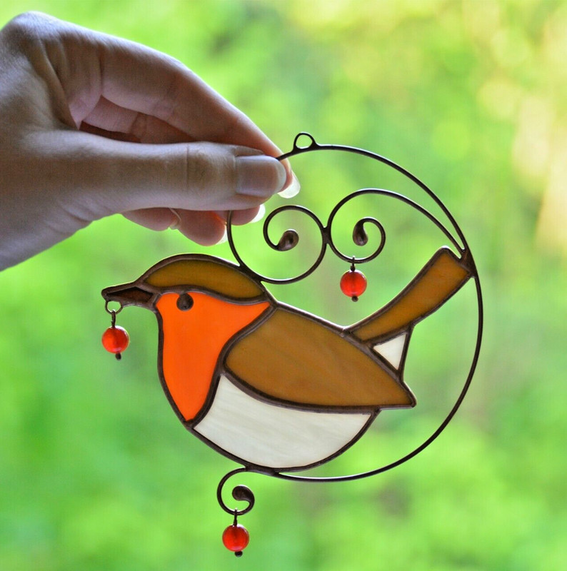 Stained Glass Robin 4,5×5 in Handmade Bird Sun Catcher Window Hangings