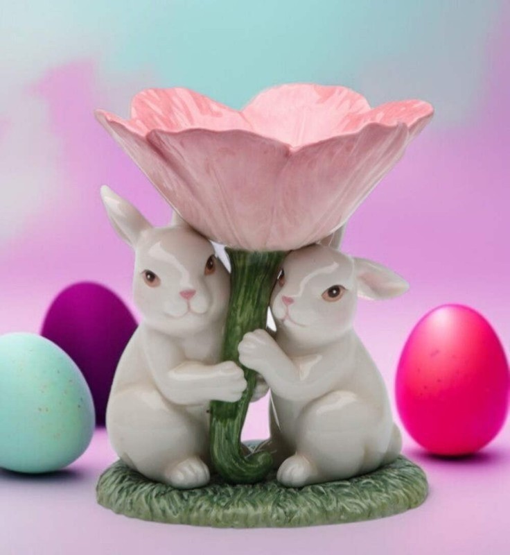 Ceramic Easter Bunny Rabbits with Pink Flower Candle Holder, Gift for Her, Gift gallery