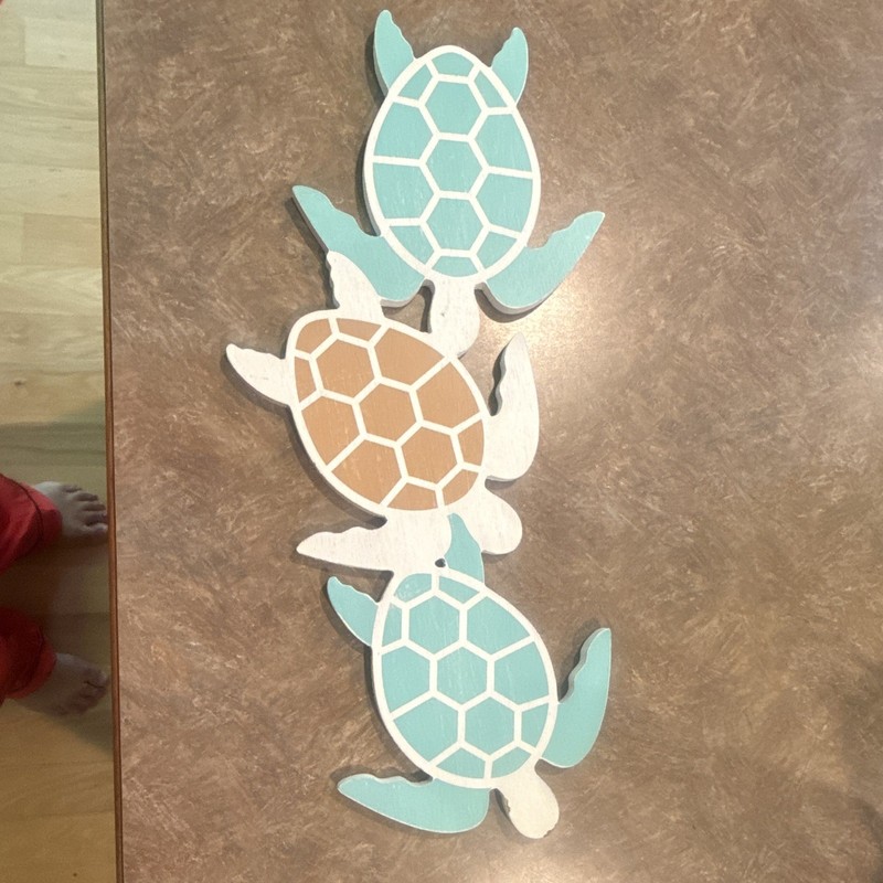 Sea Turtle Wood Wall Hanging Plaque, Blue White Beige Coastal Beach Vertical
