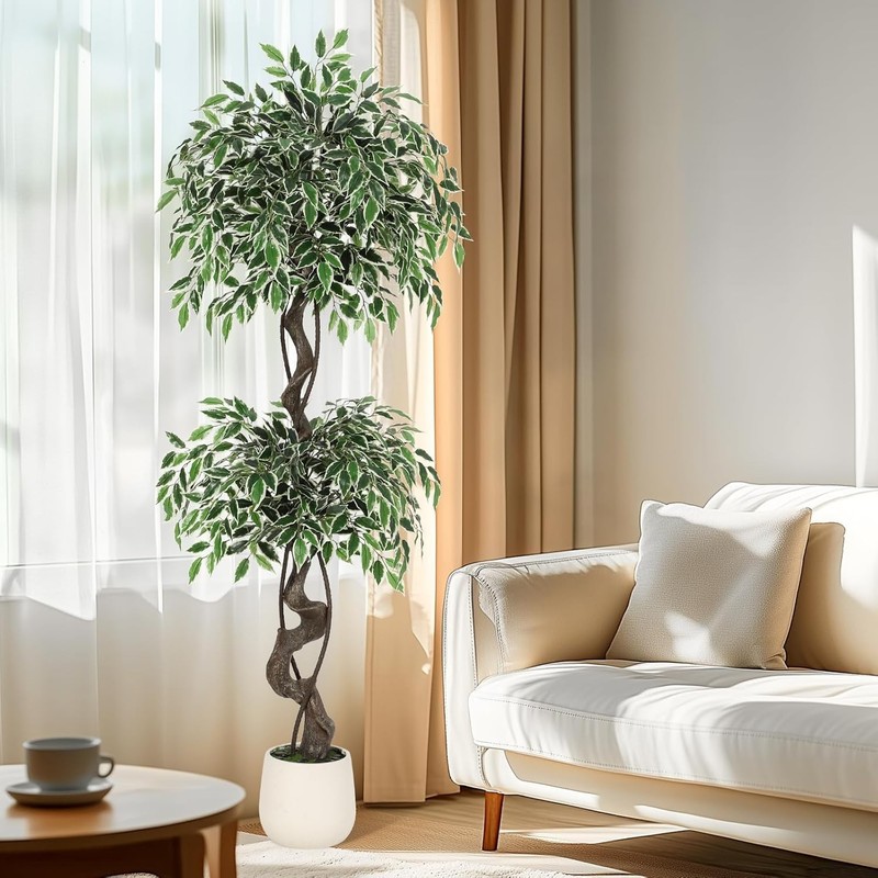 5ft Artificial Ficus Tree, Tall Fake Plants Indoor with White Planter & Pebbles gallery
