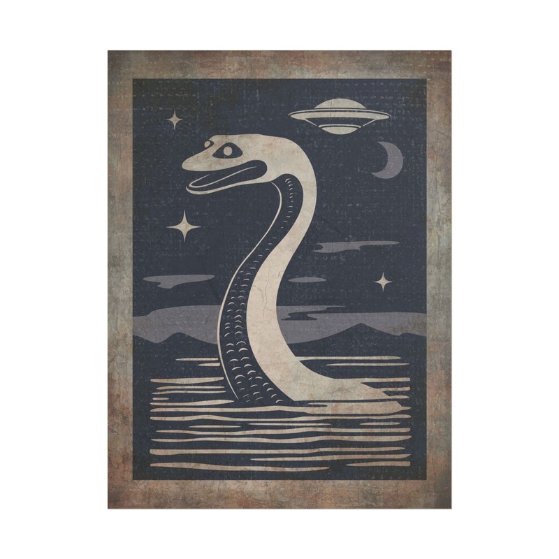 Loch Ness Monster UFO Wall Art, Nessie Moon Alien Poster, Cryptid Nautical Decor