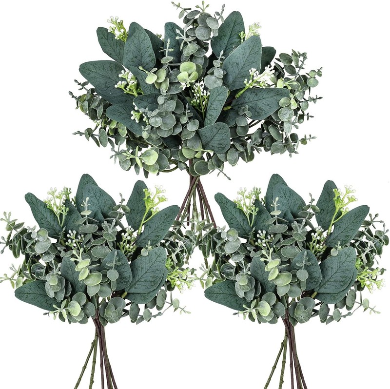 20 Pcs Mixed Artificial Oval Eucalyptus Leaves Bulk with White Seeds Stems and