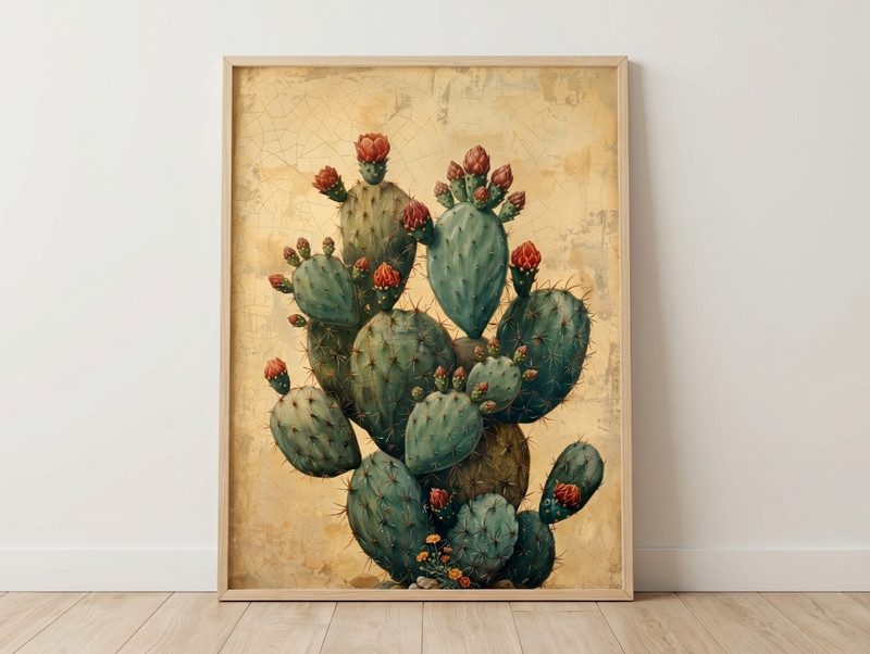 Vintage Prickly Pear Cactus Poster Southwestern Desert Botanical Wall Art