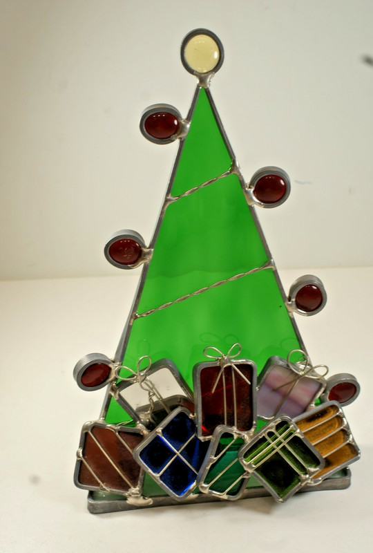 SG44 - Handcrafted Stained Glass, 3D Christmas Tree w/ Presents, 9 inches gallery