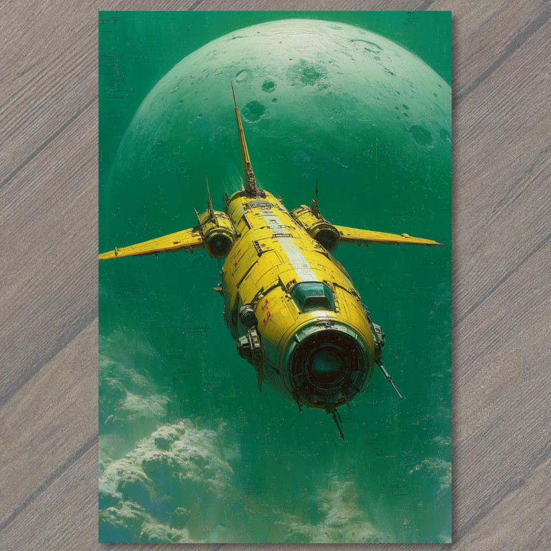 Art Print Yellow Retro Spaceship Flying Past Green Moon Through Cloudy Outer Spa