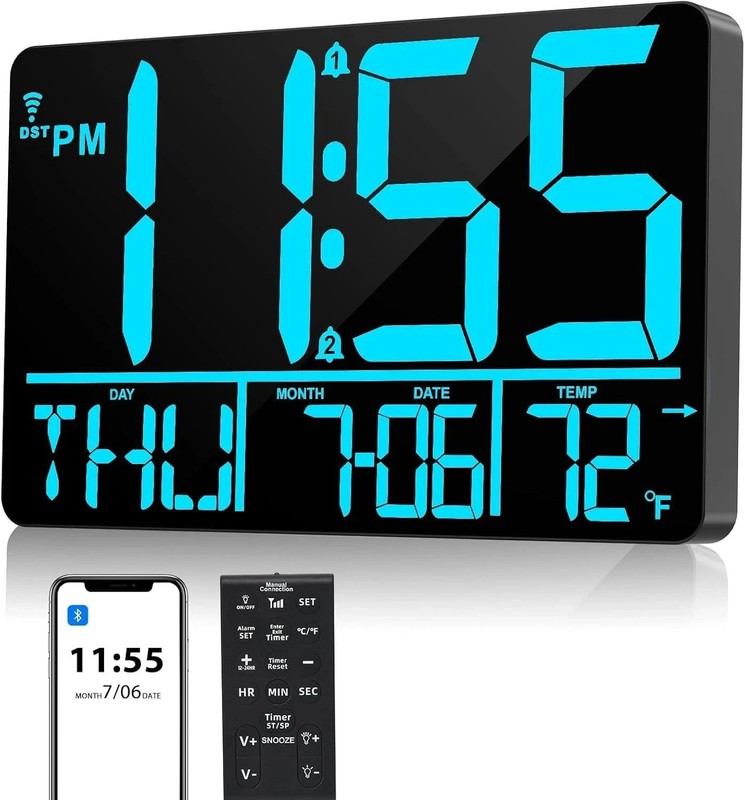 13" Bluetooth Auto Sync Wall Clock Large Digital Alarm Clock with ...